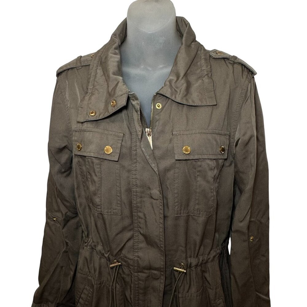 Michael Kors Anorak Coat Jacket Drawstring Waist Khaki Green Gold Hardware XS - Picture 5 of 11